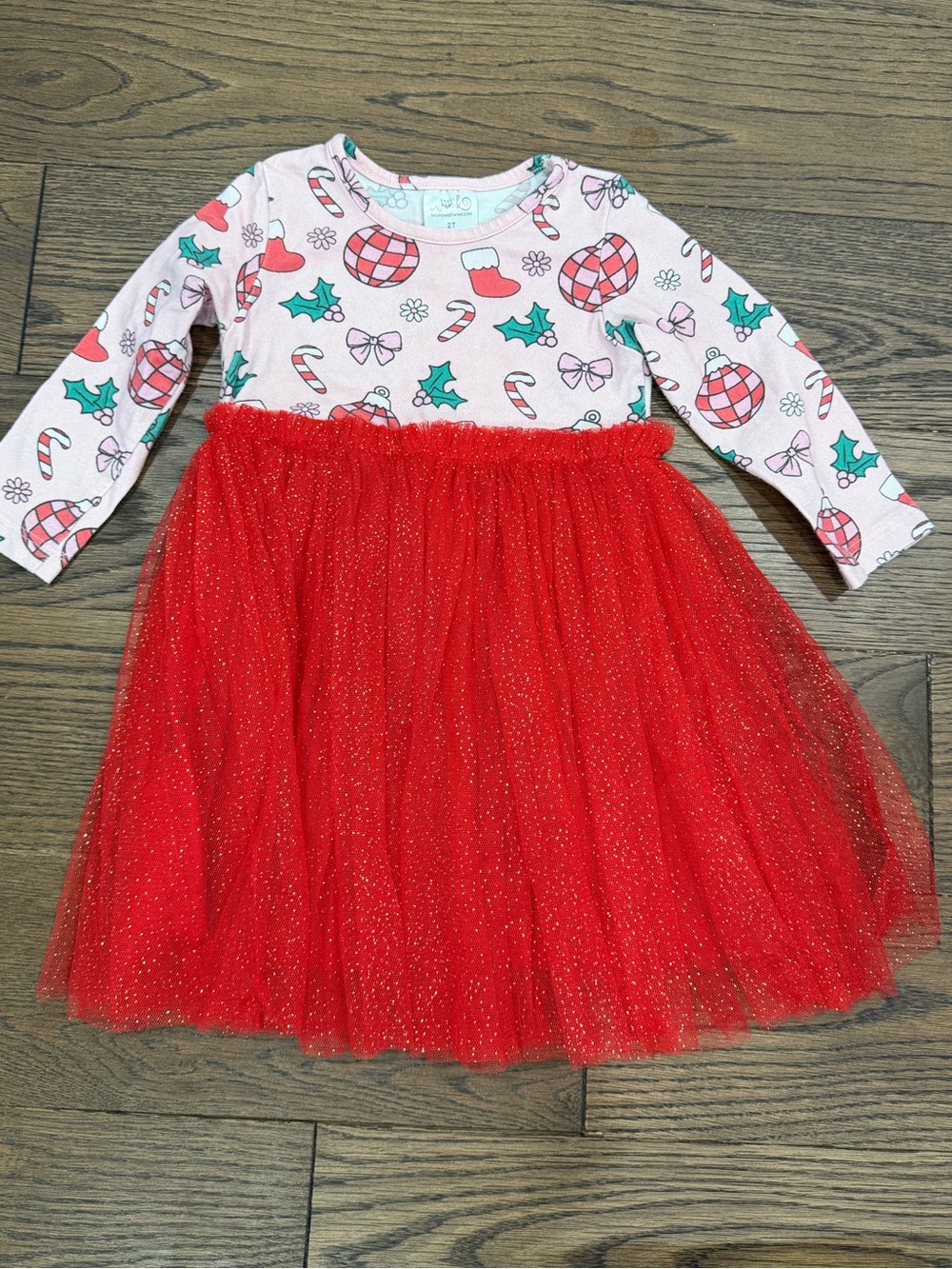 Girls Holiday Red Tulle Dress with Candy Print Bodice by